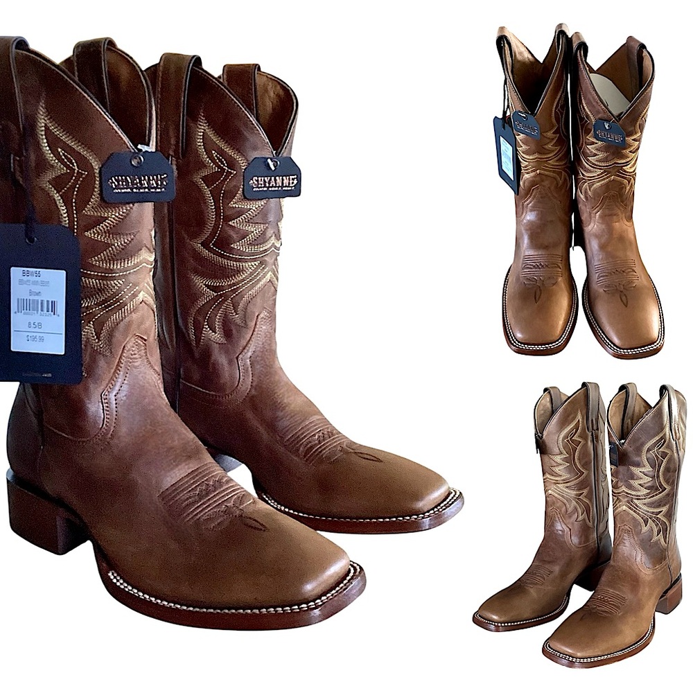 Shyanne Brown Leather Western Boots Square Toe Cream Stitching Women’s 8.5 NEW